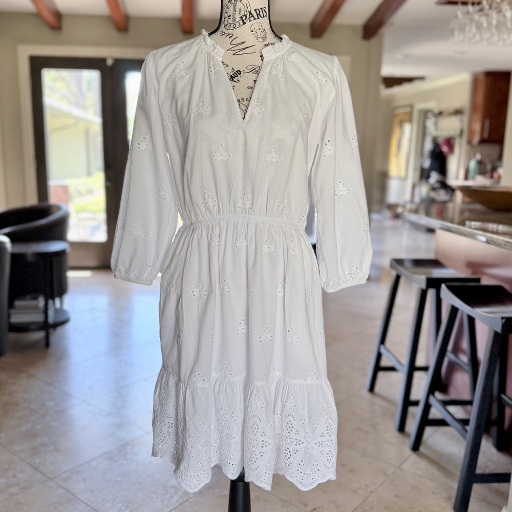 KNOX ROSE | 3/4 Sleeve Eyelet Dress with Pockets in White, Size M